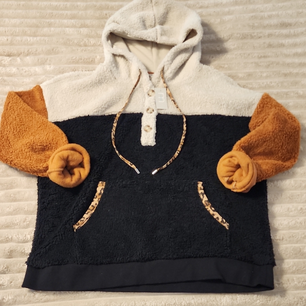 Maurices Cream and Black Hoodie Sweater with Tan Accents